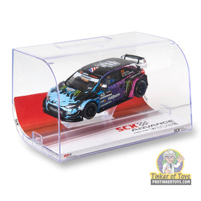 Black Hyundai i-20 WRC scale model car in clear display case for SCX Advance E10454X300