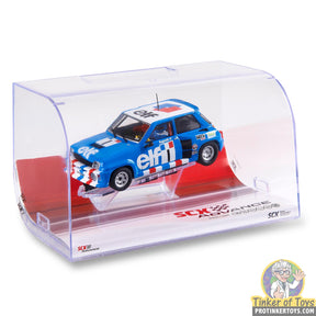 Blue Renault 5 Turbo slot car in clear display case for SCX Advance E10479X300