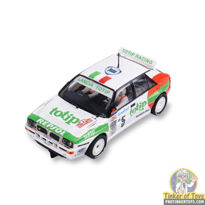 Slot car of a Lancia Delta Integrale race car with Totip livery for SCX Advance E10480X300