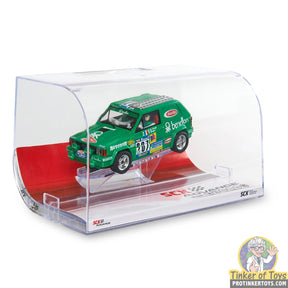 Green Fiat Panda race car in clear display case for SCX Advance E10498X300
