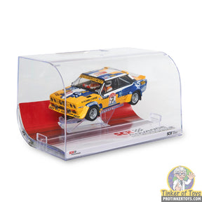 Slot car display case with yellow and blue Abarth 131 for SCX Advance E10499X300