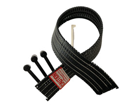 Black flexible track pieces for model trains, coiled and laid out for Aurora Tomy AFX Vintage 2532X