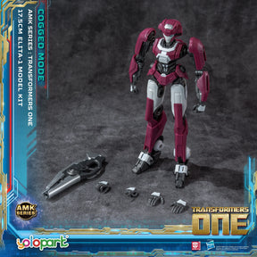 Red and white robot action figure model kit, assembled and with parts laid out for Hasbro YPAMKM8AC