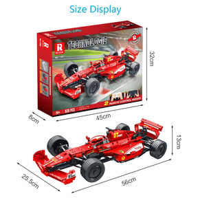 Red RC Ferrari F1 car model kit, showing box and assembled size for Reobrix REO11007