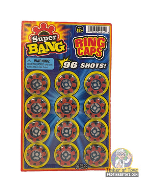 Cardboard packaging displaying 96 colorful, single-action ring caps for toy use for Gonher 935