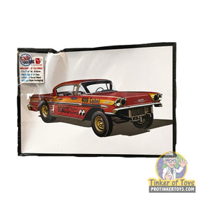 Red 1958 Chevy Impala model kit box art featuring the car for AMT AMT1301