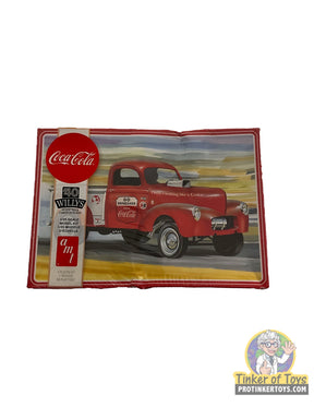 Red 1940 Willys pickup truck model kit box art with Coca-Cola branding for AMT AMT1145M, package view, product view 1