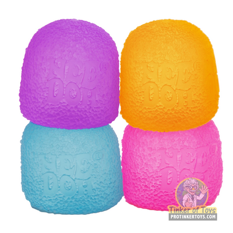 Colorful, squishy stress toys in purple, blue, orange, and pink for Schylling GDND