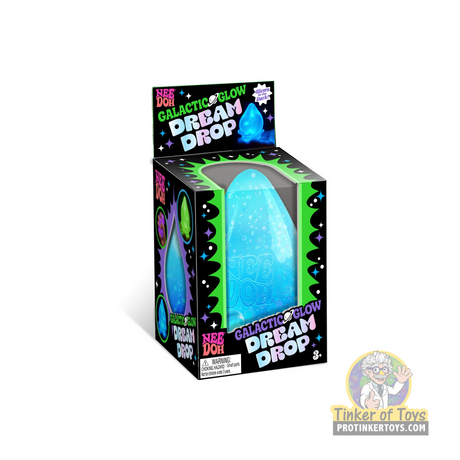 Toy packaging featuring a blue, glowing "Galactic Glow Dream Drop" toy for Schylling GDRDND