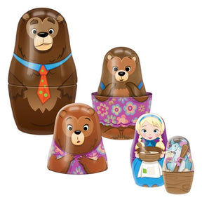 Nesting dolls depicting Goldilocks and the bears, arranged in size order for Schylling GLND
