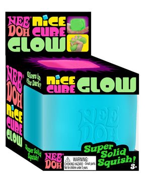 Blue, glow-in-the-dark squishy cube toy packaging for Schylling GNCBND
