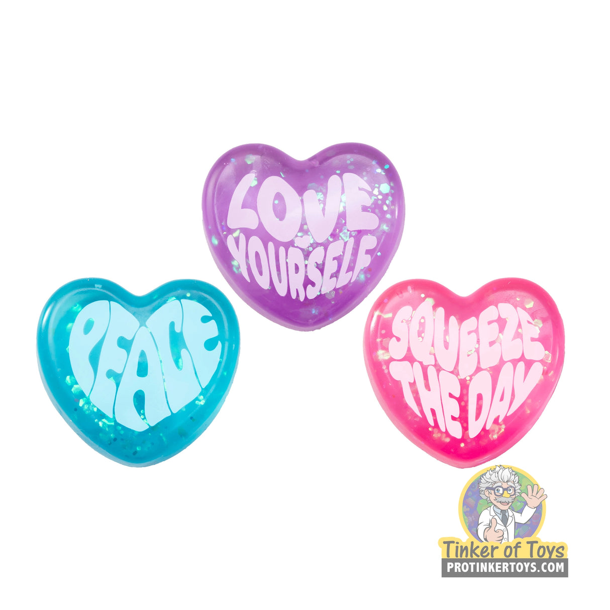 Three heart-shaped squishies: "Peace," "Love Yourself," and "Squeeze The Day." for Schylling GVND