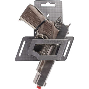 Silver 1911 style pistol with attached holster for Gonher 3125/0, front view