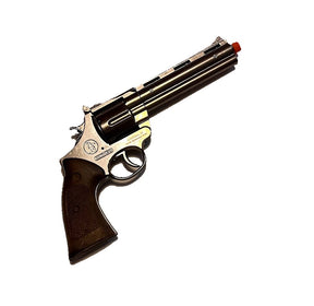 Silver toy revolver with a dark brown grip, styled like a Colt Python for Gonher 123/0, front view