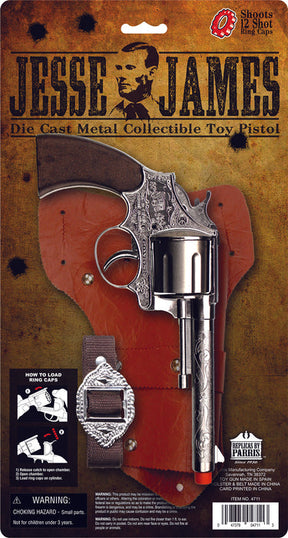 Toy pistol and holster set featuring Jesse James, die-cast metal collectible for Parris Toys 4711