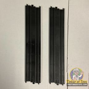 Two black, straight, interlocking racing track pieces for Tyco 6703