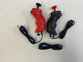 Pair of red and black racing throttle grips with attached power cables for Jupiter Creations G9010