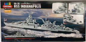 Model kit box art showing a detailed build of the USS Indianapolis heavy cruiser for Oxford OXF38225