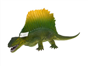 Dinosaur model of Dimetrodon with yellow sail, green body, and open mouth for Mamejo MAJ32007