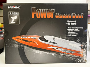 Orange and white remote control boat on its box packaging for IMEX UDI14070OR
