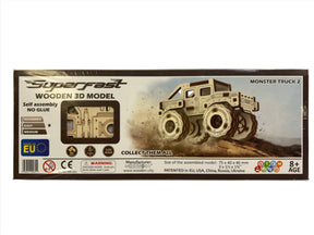 Wooden monster truck building kit, assembled model shown for Wooden City 502382