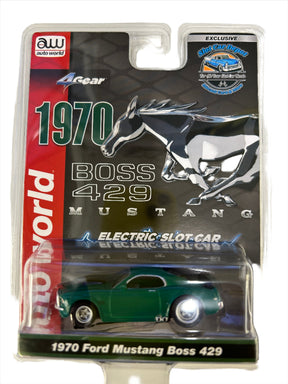 Green 1970 Ford Mustang Boss 429 electric slot car in packaging for Auto World CP8048