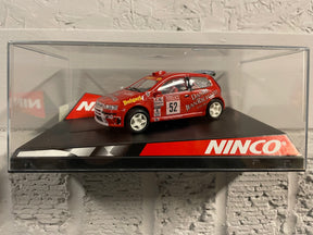 Red slot car replica of a Fiat Punto Super 1600 Dallavilla race car for Ninco 50294