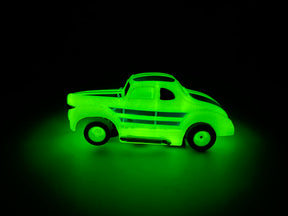 Glowing toy car, 1940 Ford Coupe style, with blue stripes for Tyco B15012, front view