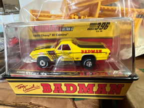 Yellow 1969 Chevy El Camino toy car in clear plastic display case for Auto World CP8133