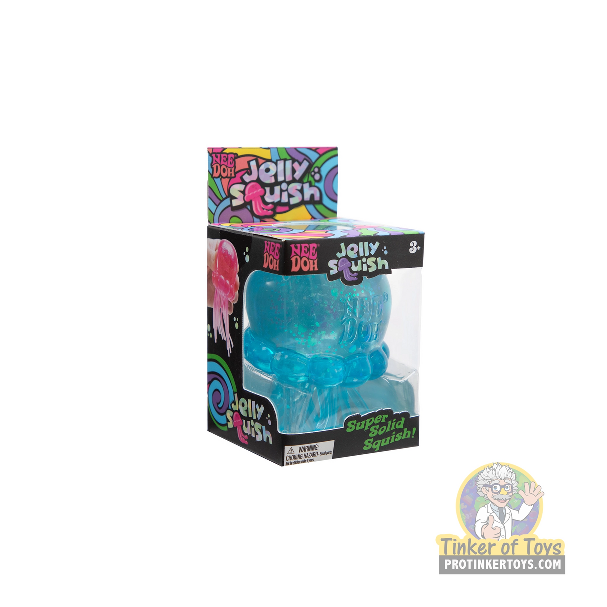Blue, squishy toy packaging featuring "Nee Doh Jellysquish." for JSND