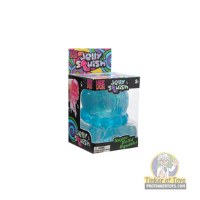 Blue, squishy toy packaging featuring "Nee Doh Jellysquish." for JSND