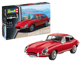 Red 1:24 scale model kit of a classic Jaguar E-Type coupe for Revell 07668