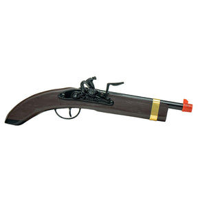 Toy flintlock pistol with dark wood stock and black metal accents for Parris Toys 1729BFL, front view