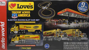 Slot car set featuring semi-trucks and a race track for play for Auto World Cp8073 + Cp7984
