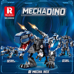 Three transforming robot dinosaurs: T-Rex, Raptor, and Triceratops figures for Reobrix REO33002