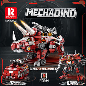 Three transforming robot modes: tank, triceratops, and mech for Reobrix REO33003