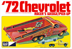 Red and yellow 1/25 scale model kit of a 1972 Chevrolet Racer's Wedge pickup truck for MPC MPC885