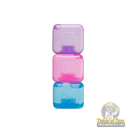 Three stacked, colorful, translucent baby needoh toys for Schylling MPTNCBND