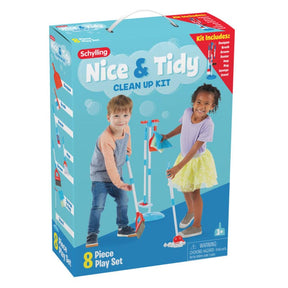 Kids playing with a toy clean up kit containing various cleaning tools for Schylling NTCK
