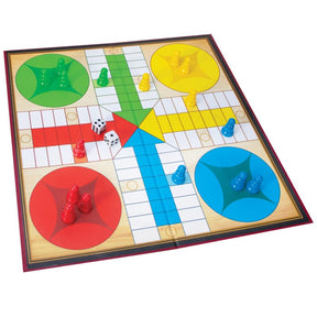 Game board for Parchisi, featuring colored sections and game pieces for Schylling PCG