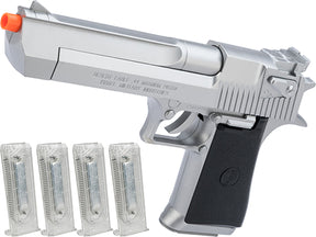 Silver airsoft pistol with four extra magazines displayed below for Evike AP-SA-Magnum-90221