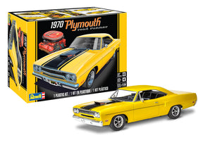 Yellow 1970 Plymouth Road Runner model kit box and assembled car for Revell RMX14531