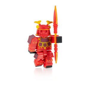 Red samurai action figure holding a red spear weapon for Roblox ROBO675, front view