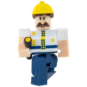 Action figure of a mall cop with a yellow hard hat and mustache for Roblox ROBO677, front view