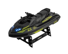 Black remote-controlled jet ski on a display stand for UDI 14030