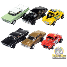 Assortment of vintage-style slot car toy cars in various colors for Auto World SC408