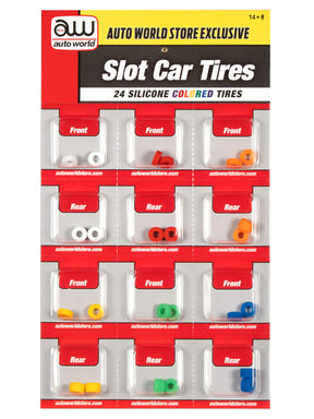 Assortment of colored silicone replacement tires for slot cars for Auto World SCM159
