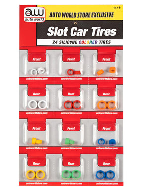 Assortment of colored silicone replacement tires for slot cars for Auto World SCM161