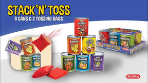 Set of six soda-themed cans and two red tossing bags for a game for Schylling SNT