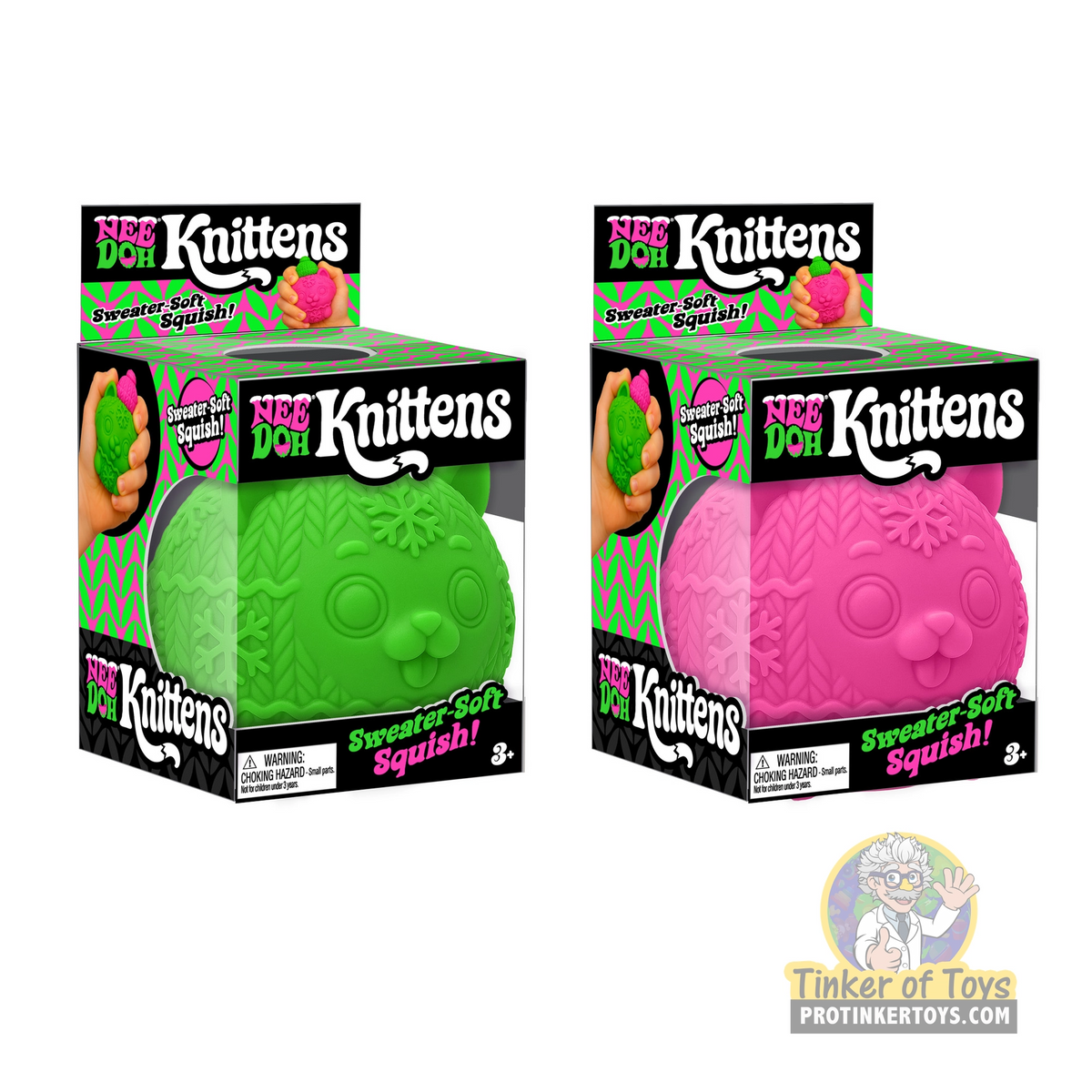 Green and pink squishy cat toys in boxes for Schylling SQMKNND26